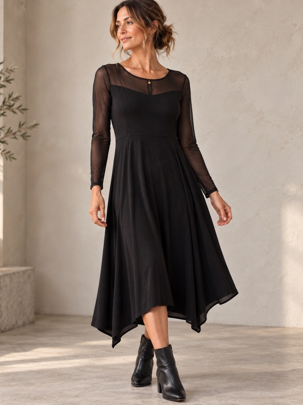 Stella Carakasi Black Sheer Mesh Handkerchief Midi Dress